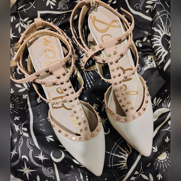Sam Edelman Shoes - Sam Edelman White and Blush Studded T-Strap Pointed Toe Heels